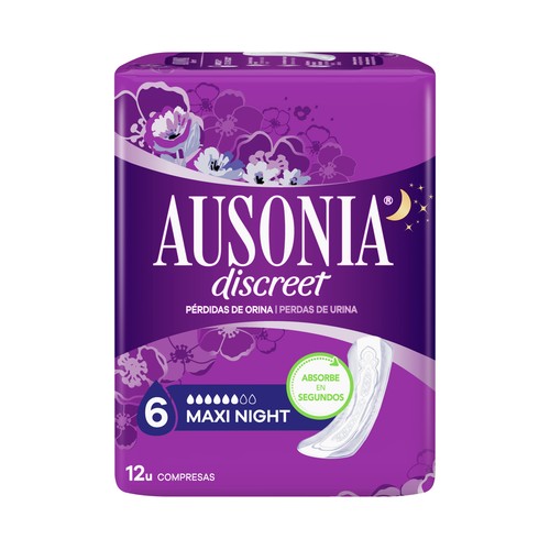 AUSONIA Discreet Compresas maxi noche, para pérdidas de orina (vejigas hiperactivas) 12 uds.