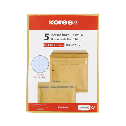 5 sobres de papel Kraft tamaño 180 x 265mm color marrón, con burbujas del número 14 KORES.
