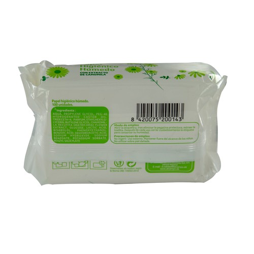 PRODUCTO ECONÓMICO ALCAMPO Papel higiénico húmedo con extracto de camomila 100 uds.