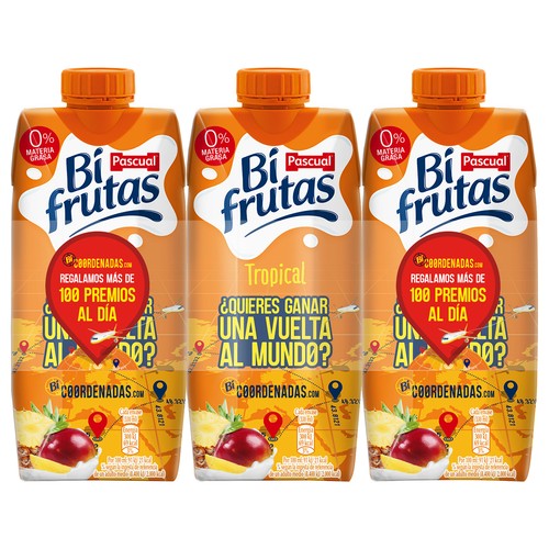 Leche con zumo de frutas tropicales y 0% materia grasa BIFRUTAS de Pascual 3 x 330 ml.