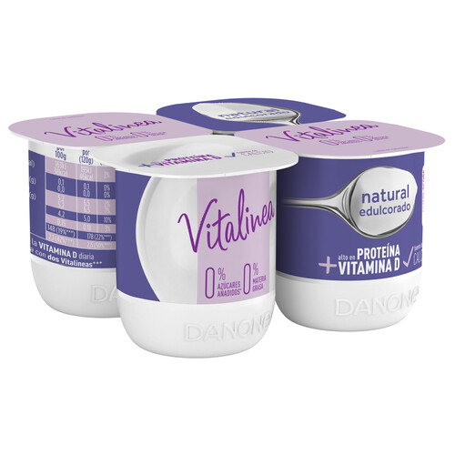 VITALINEA Yogur desnatado 0% materia grasa, natural edulcorado de Danone 4 x 120 g.