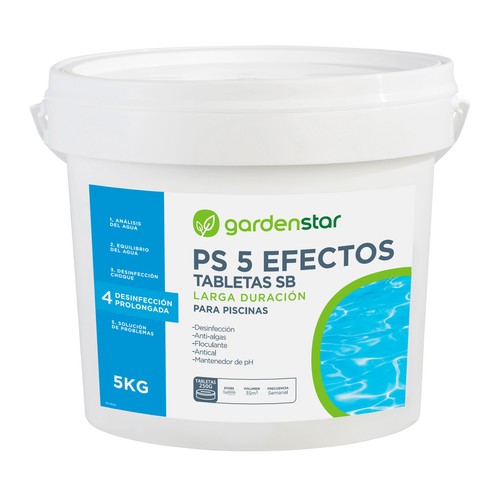 PS 5 efectos 5kg tabletas 250gr para piscinas: desinfección, anti-algas, floculante, antical, mantenedor de ph. GARDEN STAR