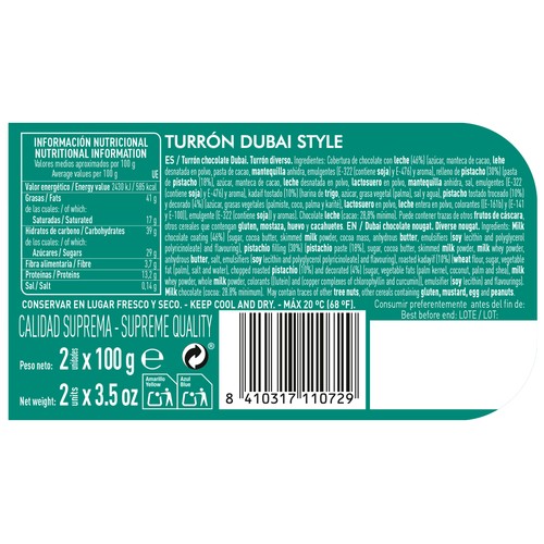 1880 Turrón de chocolate Dubai 200gr