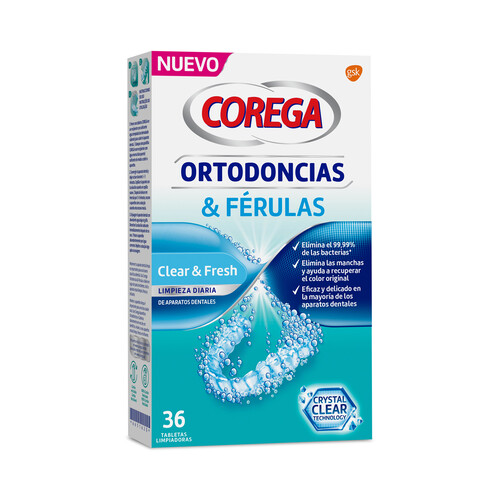 Pastillas limpiadoras de ortodoncias y férulas, de uso diario COREGA 36 uds.