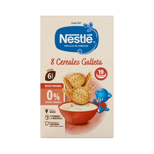 NESTLÉ Papilla de 8 cereales con galleta Maria y sin azúcares añadidos, a partir de 6 meses 475 g.