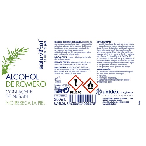 SALUVITAL Alcohol de romero que limpia, hidrata y mantiene la piel en buen estado 250 ml.