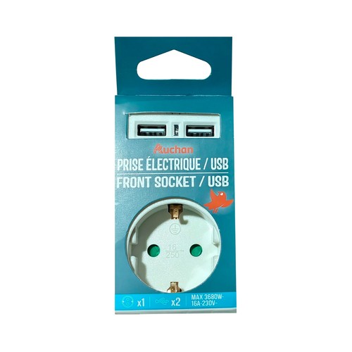Adaptador Schuko con 2 USB 3680W - 16A - 230V. AUCHAN.