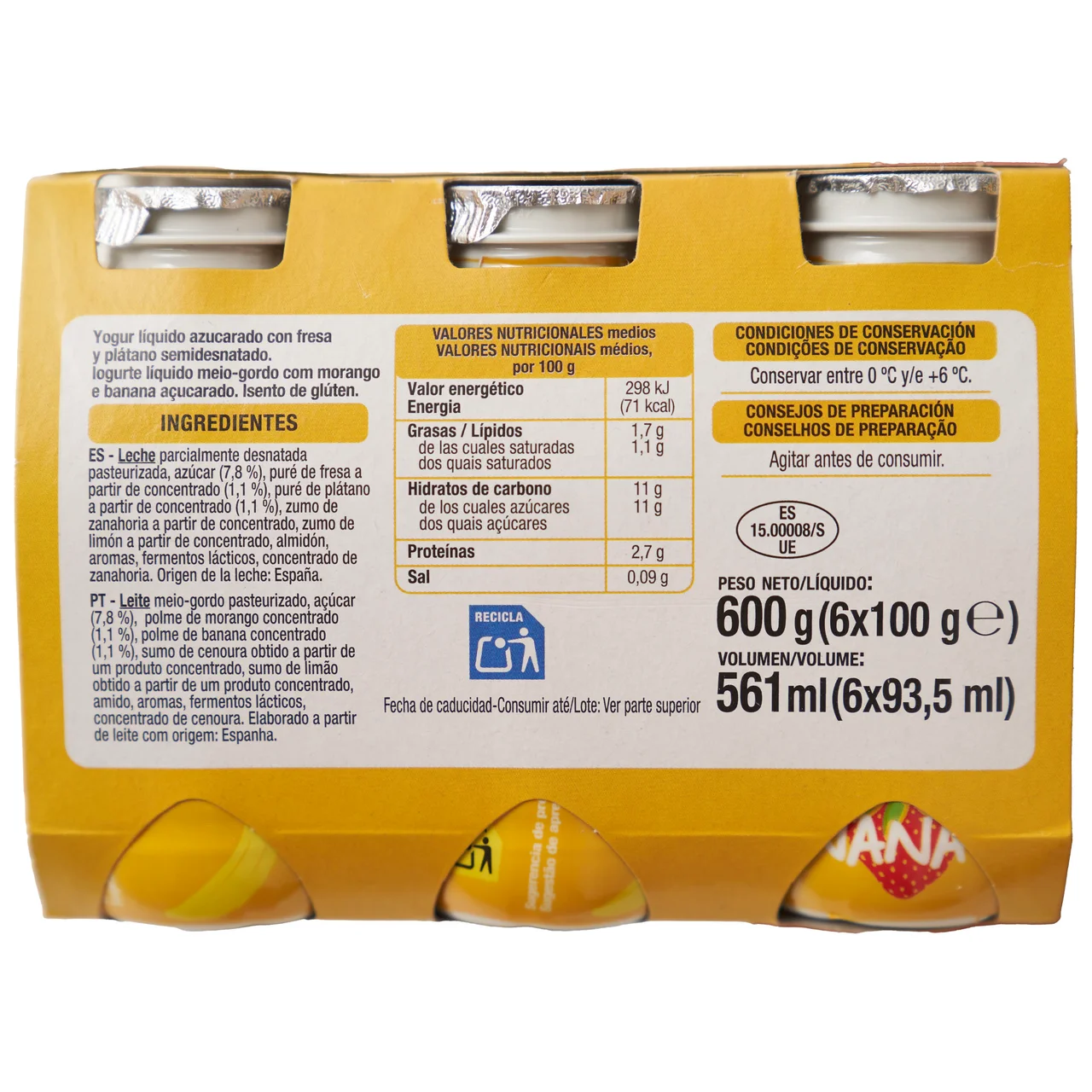 AUCHAN Yogur líquido para beber con fresa y plátano 6 x 100 g Producto Alcampo.