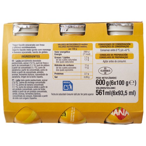 AUCHAN Yogur líquido para beber con fresa y plátano 6 x 100 g Producto Alcampo.