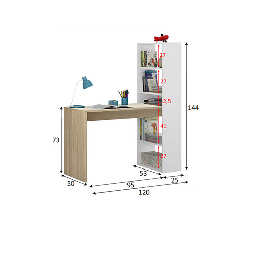 Escritorio juvenil duplo con estantería en color blanco y roble, 144x120x3cm, FORES.