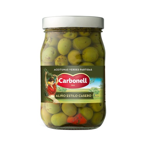 CARBONELL Aceitunas partidas con aliño de estilo casero 450 g.