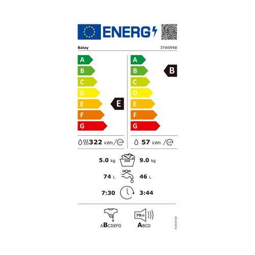 Lavadora secadora BALAY 3TW-094B, capacidad lavado/secado: 9KG/6KG, clasificación energética: E, 1400RPM, H: 84,8cm, A: 58,8cm, F: 59cm.