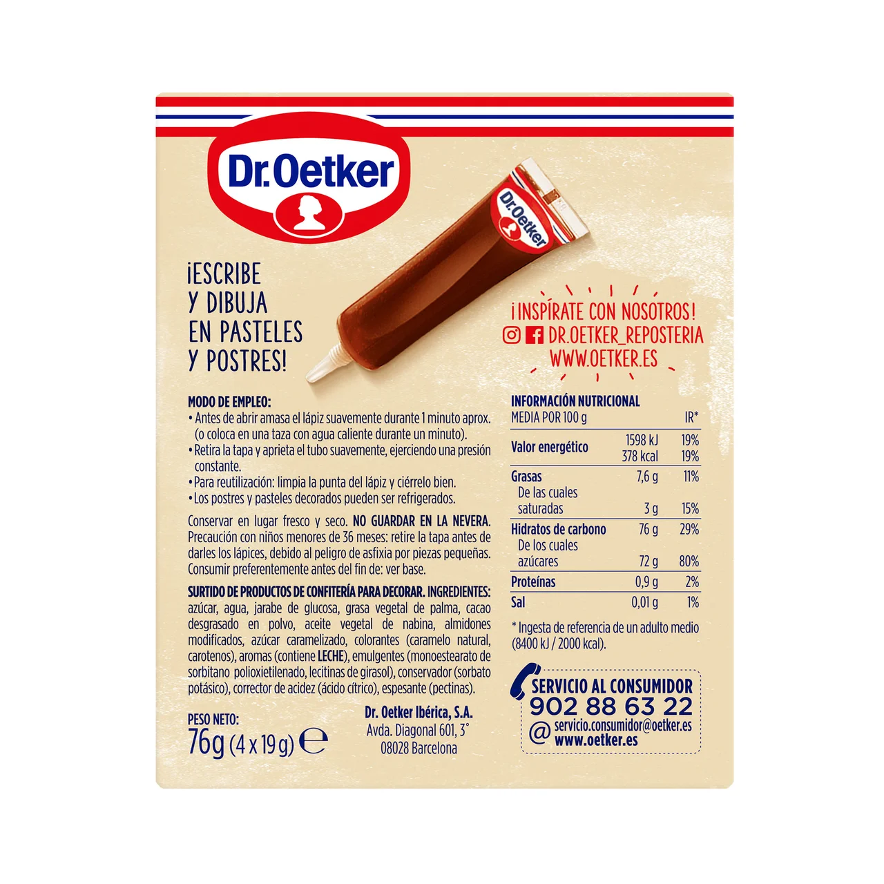 DR. OETKER Lápices pasteleros sabor chocolate, DOCTOR OETKER, caja de 59 g.