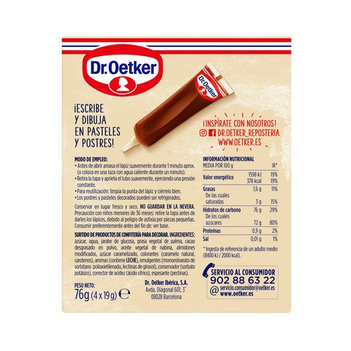 DR. OETKER Lápices pasteleros sabor chocolate, DOCTOR OETKER, caja de 59 g.