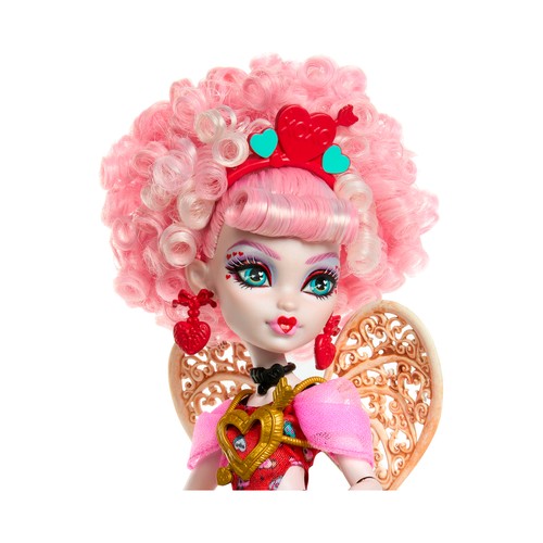 Monster High Cumplespantos Cupid Asteria, Muñeca de fiesta con alas y accesorios románticos +4 Años MATTEL