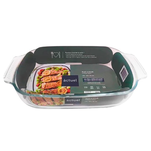 Fuente de vidrio rectangular con asa, 25 x 18, 1,4 L, ALCAMPO.