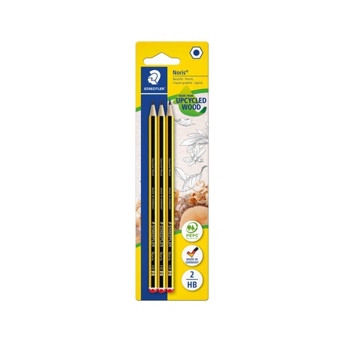 Lote de 3 lápices de grafito, con cuerpo de amarillo y negro y dureza 2 HB STAEDTLER Noris.