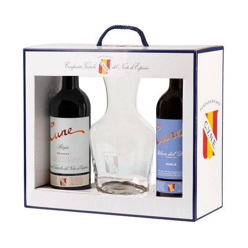 CUNE Estuche con botella vino tinto crianza D.O. Ca. Rioja y vino tinto roble con D.O Ribera del Duero.