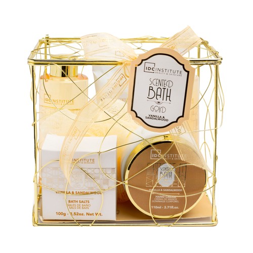 IDC INSTITUTE Gold Cesta metálica con productos para el cuidado y la higiene personal, aroma a vainilla y sándalo.