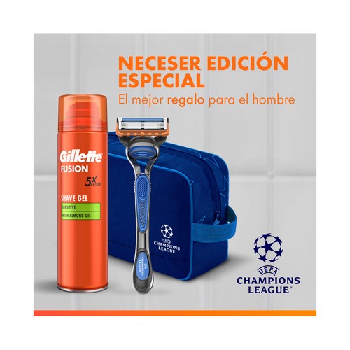 GILLETE Fusion 5 Neceser con maquinilla, 4 recambios y espuma (gel) de afeitar 200 ml.