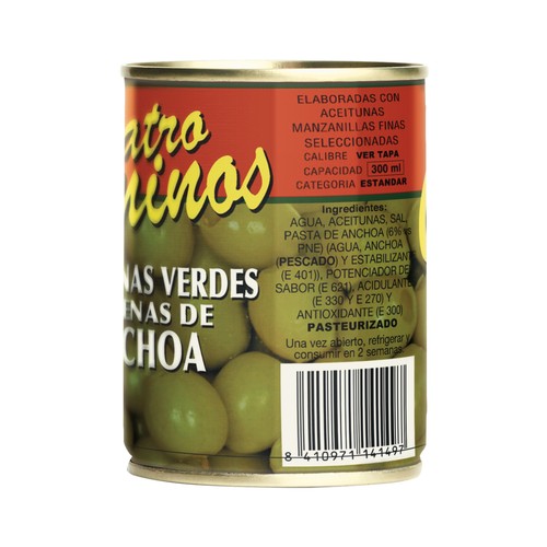 CUATRO CAMINOS Aceitunas verdes varidad Manzanilla finas, rellenas de anchoa 120 g.