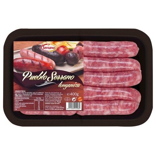 Bandeja de longanizas frescas blancas de pueblo, elaboradas sin gluten SERRANO 400 g.
