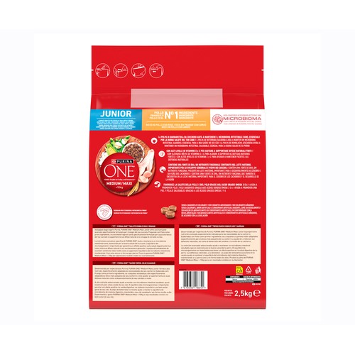 PURINA ONE Alimentación de perro medium-maxi junior pollo y arroz 2,5 kg.