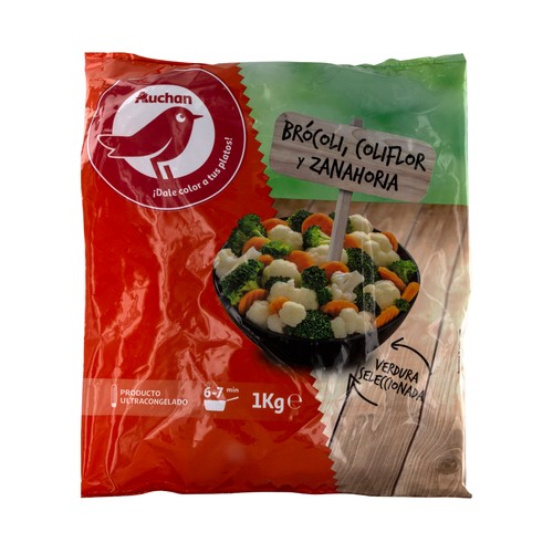 AUCHAN Brócolí, coliflor y zanahorias, limpias, troceadas y ultracongeladas 1 kg. Producto Alcampo