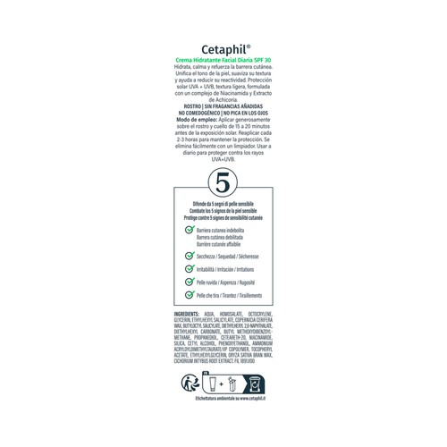 CETAPHIL Crema facial hidratante diaria, con FPS 30 (alto), para todo tipo de pieles 50 ml.