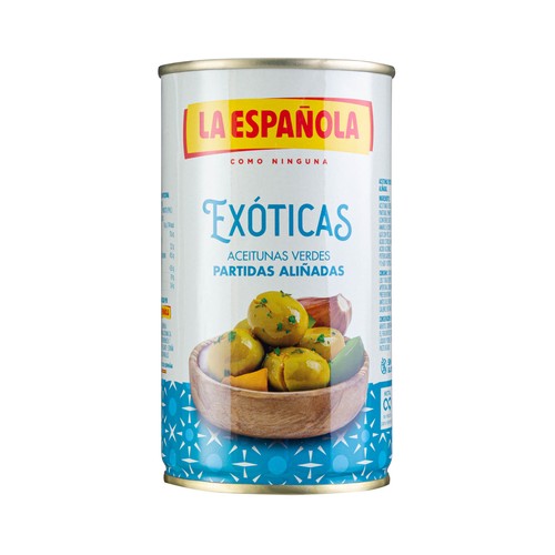 LA ESPAÑOLA Exóticas Aceitunas verdes partidas y partidas aliñadas 185 g.