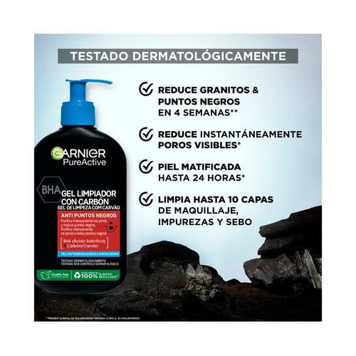 GARNIER Pure active Gel limpiador con carbón para pieles con tendencia acneica y puntos negros 250 ml.