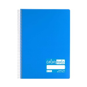 Cuaderno tamaño A4 con cubiertas de PP en color azul y espiral plástica, con 80 hojas de rayadas de 7 mm y de 90 gr en el interior, GRAFOPLAS.