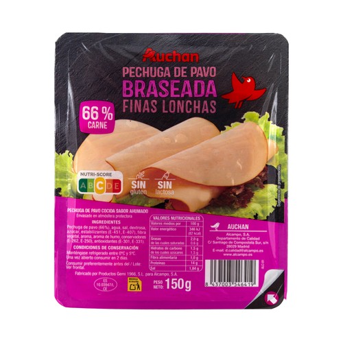 Imagen de Pechuga de pavo braseada cortada en lonchas finas PRODUCTO ALCAMPO 150 g.