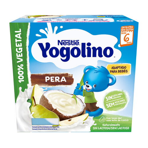 YOGOLINO de Nestlé Postre 100% vegetal con coco y pera, adapatado para bebés a partir de 6 meses 4 x 90 g.