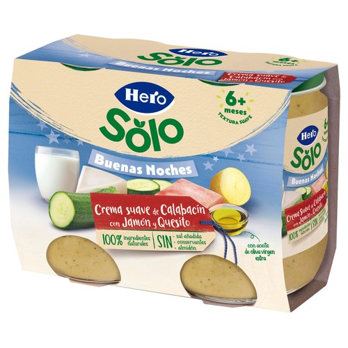 HERO Solo buenas noches Tarrito de crema suave de calabacín con jamón y quesito, a partir de 6 meses 2 x 190 g.