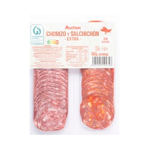 Imagen de AUCHAN Chorizo y salchichón de categoria extra, elaborados sin gluten y cortados en lonchas 2 x 90 g. Producto Alcampo