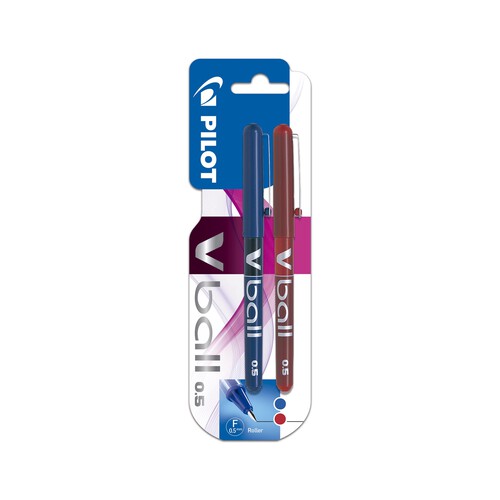 2 bolígrafos tipo roller punta fina y grosor de 0.5mm con tinta líquida azul y roja PILOT V-ball.