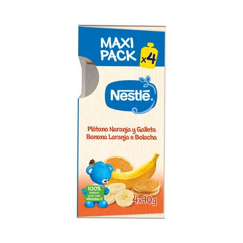 NESTLÉ Bolsita de fruta (plátano y naranja) y galleta, a partir de 6 meses NESTLÉ 4 x 90 g.