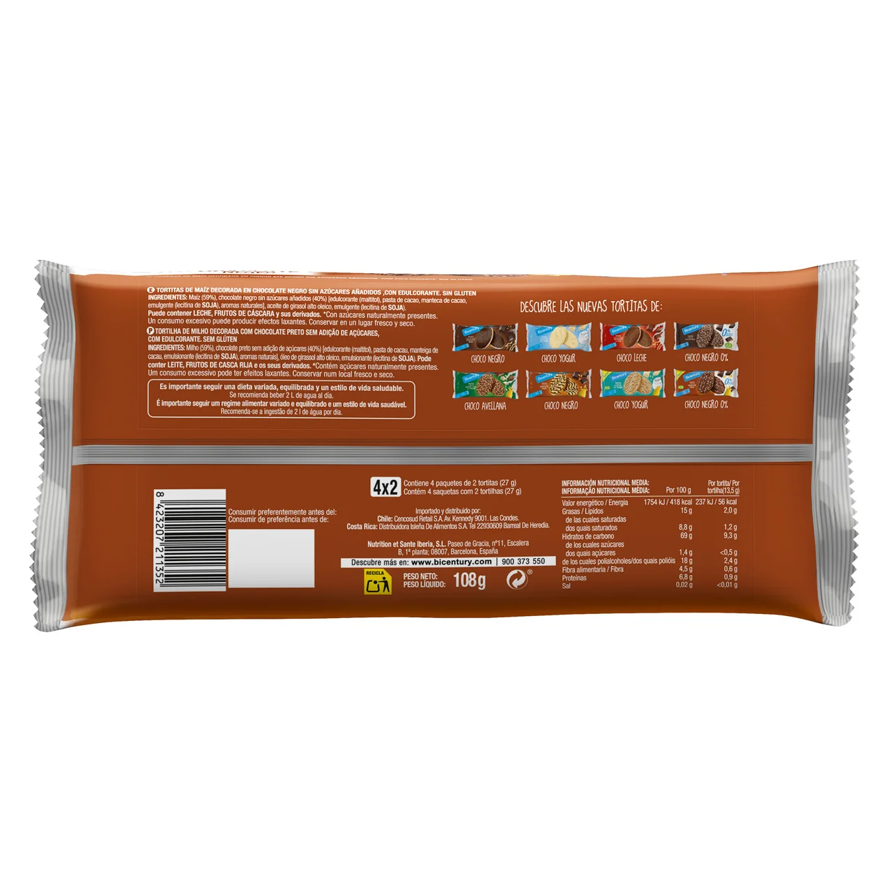 BICENTURY Tortilla maíz chocolate negro sin azúcares BICENTURY 109 g.