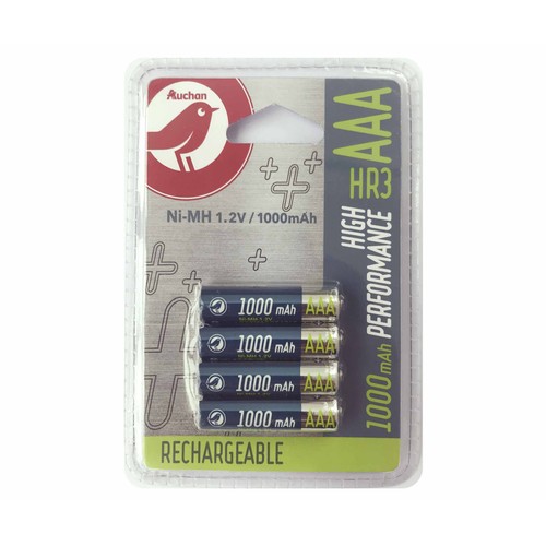 Pack de 4 pilas recargables AAA, Ni-MH, HR03, PRODUCTO ALCAMPO, 1000 mAh.