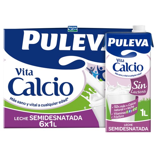 Leche semidesnatada de vaca, sin lactosa y con alto contenido de calcio PULEVA Vita calcio 6 x 1 l.