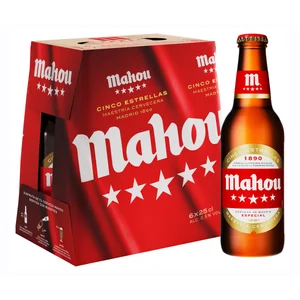 MAHOU 5 ESTRELLAS Cervezas pack de 6 botellas. 25 cl.