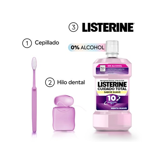 LISTERINE Cuidado total Enjuague bucal de uso diario y sabor menta suave 500 ml.