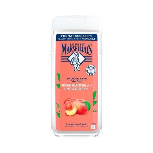 LE PETIT MARSEILIAIS Gel para baño o ducha extra suave, con melocotón blanco y nectarina bio, para pieles sensibles 650 ml.
