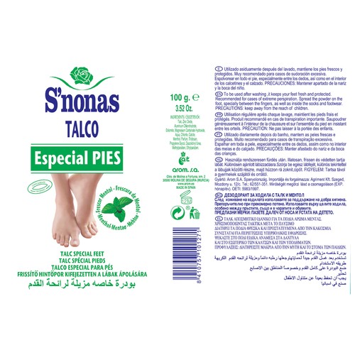 S´NONAS Talco desodorante especial para pies con fragancia a menta S´NONAS 100 g.