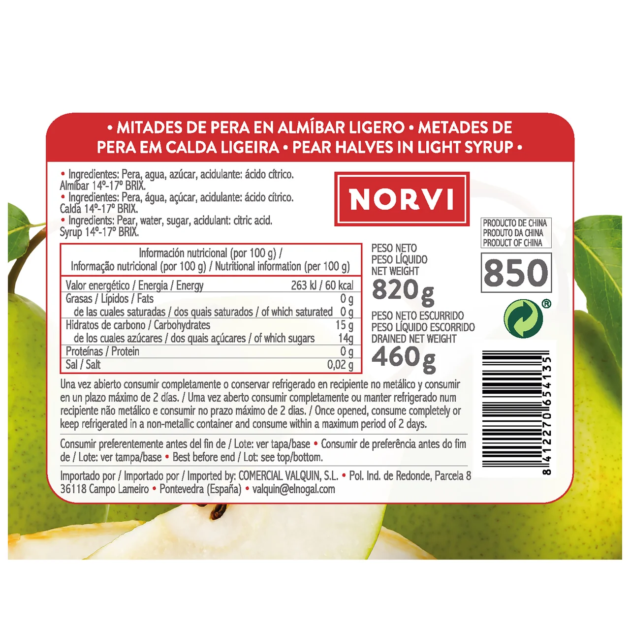 Peras en mitades en almibar 460 g.