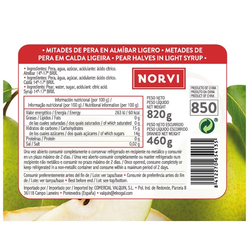 NORVI Peras en mitades en almibar 460 g.
