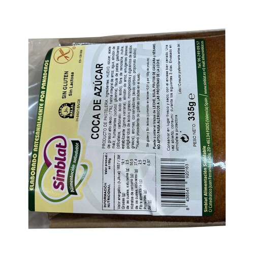 SINBLAT Coca de azúcar sin gluten SINBLAT, 335 g.