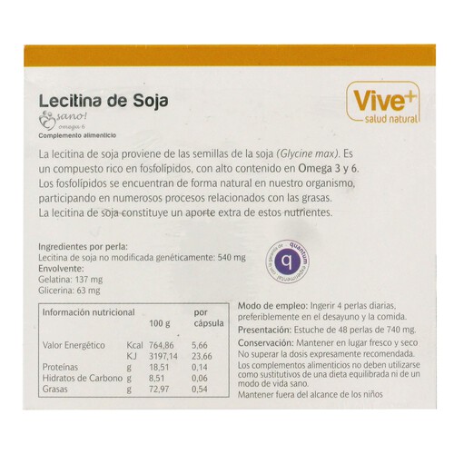 VIVE+ SALUD Y VIDA Lecitina de Soya VIVE PLUS 48 Perlas x 35 g.