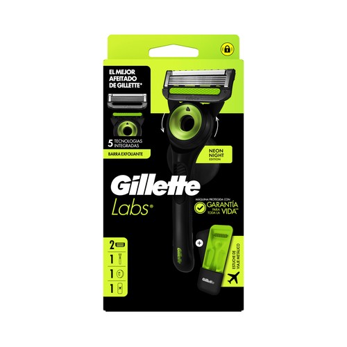 GILLETTE Labs neon ninght Maquinilla de afeitar con cabezal pivotante de 5 hojas + 2 recambios.